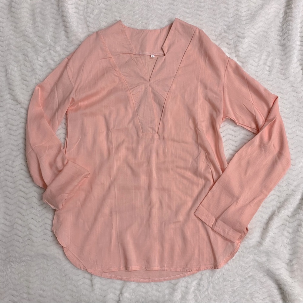 Pink tunic lightweight shirt v neck long sleeve